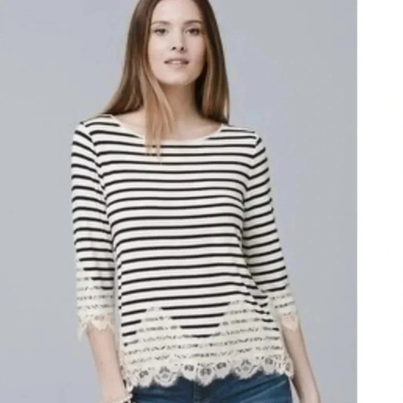 White House Black Market | Black & White Stripe Lace Hem Blouse Size S Small - Picture 2 of 13
